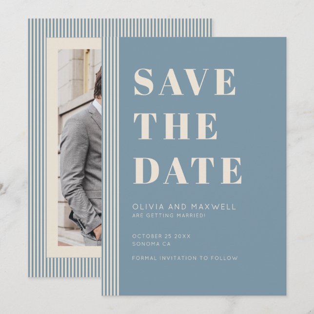 Convite Modern Classic Save The Date Blue Striped Photo (Frente/Verso)