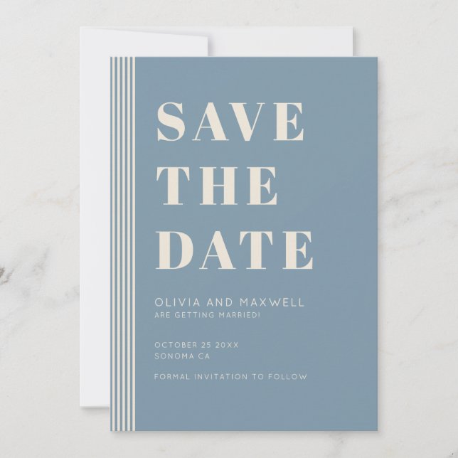 Convite Modern Classic Save The Date Blue Striped Wedding  (Frente)