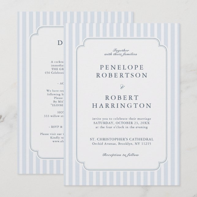 Convite Modern Classic Stripes Blue All in one  Wedding (Frente/Verso)