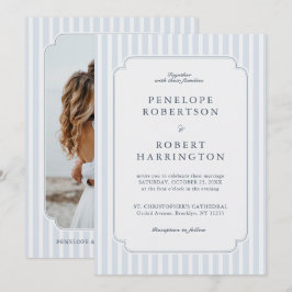 Convite Modern Classic Stripes Dusty Blue Photo Wedding 