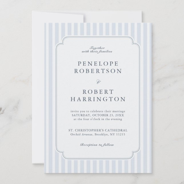 Convite Modern Classic Stripes Dusty Blue QR Code Wedding  (Frente)