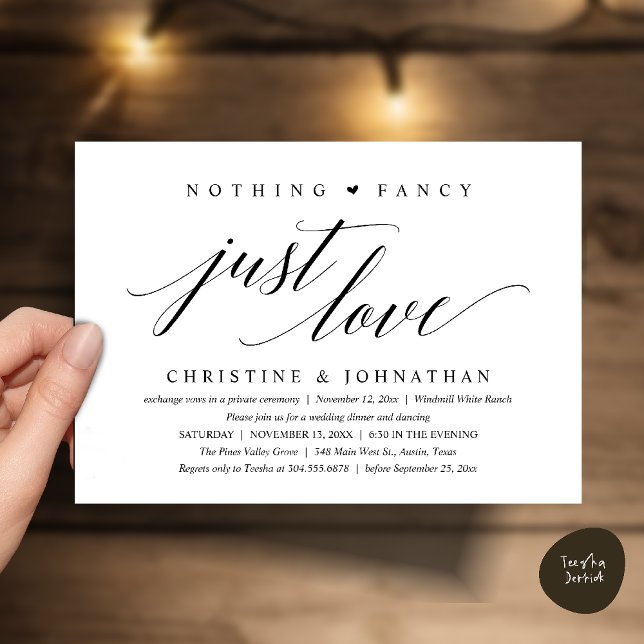 Convite Modern Classy Nothing Fancy, Just Love, Reception (Modern Classy Nothing Fancy, Just Love, Wedding Reception Dinner Invitation Card in Black and White)