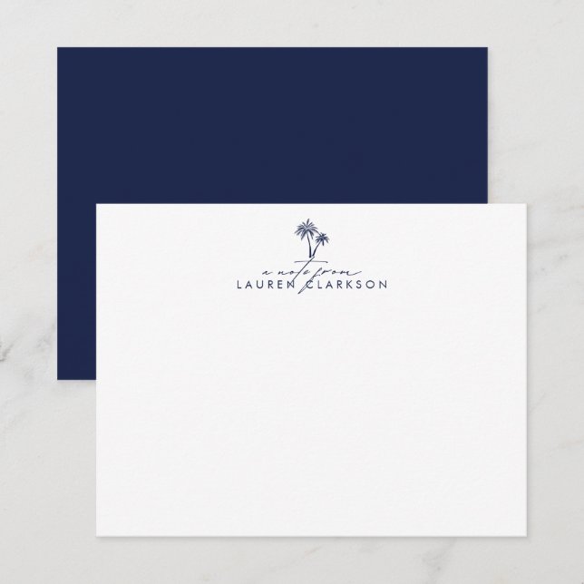 Convite Modern Coastal Navy Palms Stationery Note Card (Frente/Verso)