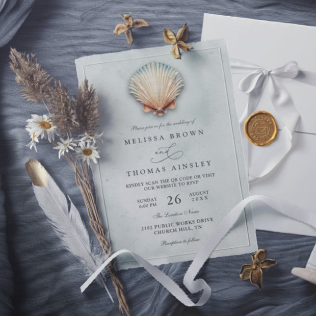 Convite Modern Coastal Seashell Aqua QR Code Wedding (Criador carregado)