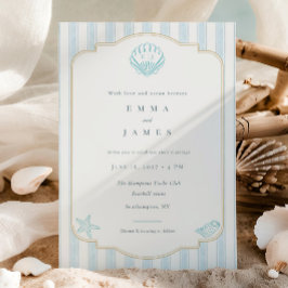Convite Modern Coastal Seashell Nautical Striped Wedding