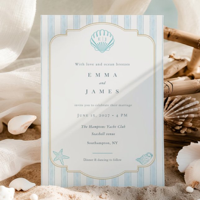 Convite Modern Coastal Seashell Nautical Striped Wedding (Criador carregado)