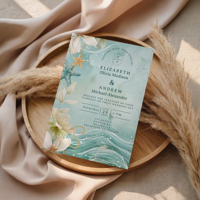 Convite Modern Coastal Wave Floral Wedding (Criador carregado)