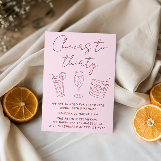 Convite Modern Cocktail Pink Cheers to Thirty Birthday  (Criador carregado)