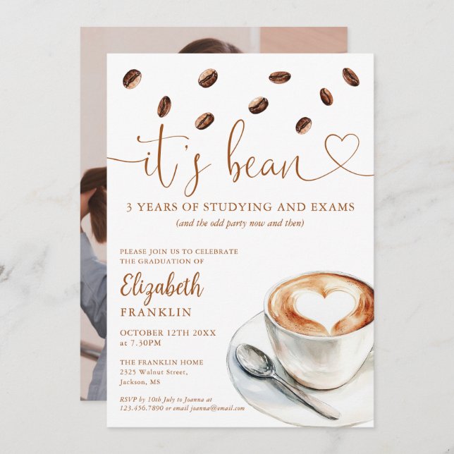 Convite Modern Coffee Themed Graduation Party Photo (Frente/Verso)