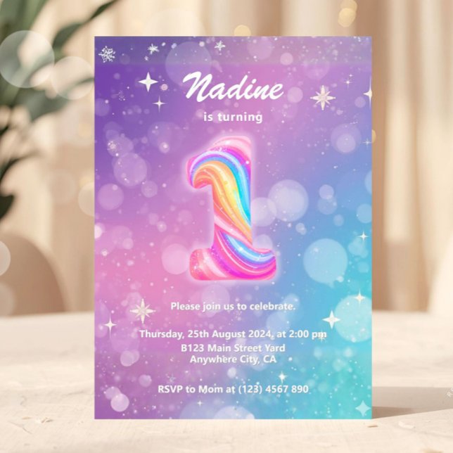 Convite Modern Colorful 1st Birthday Rainbow Foil (1st Birthday Invitation, Girl Pink Pastel, First Birthday, Number 1, Party Invite, Pink Purple Glitt)