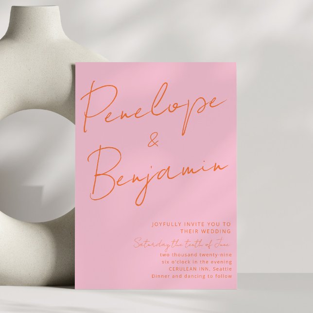 Convite Modern Colorful Handwriting Pink Orange Wedding  (Criador carregado)