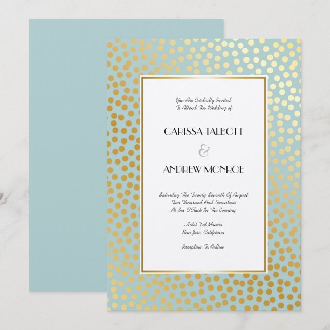 Convite Modern Confetti Bolinhas Mint e Dourado (Frente/Verso)