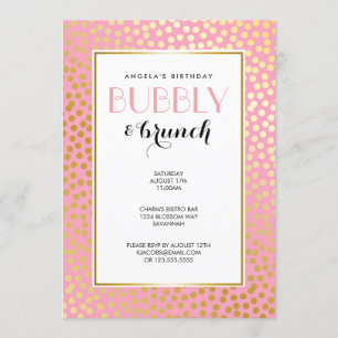Convite Modern Confetti Bolinhas Rosa Dourado Brunch