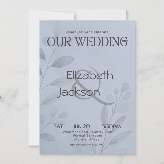 Convite Modern Cool Blue Botanical Typography Wedding   (Frente)