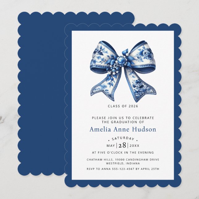 Convite Modern Coquette Blue Floral Bow Graduation Party (Frente/Verso)