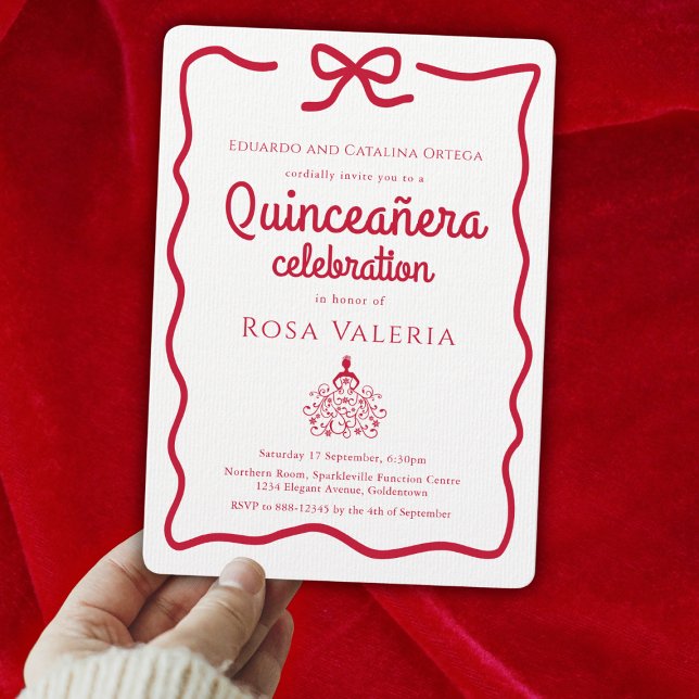 Convite Modern Coquette Quinceanera (Modern Quinceanera Invitation with coquette style red bow border)