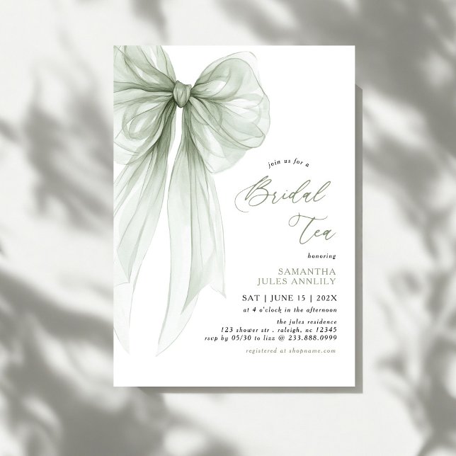 Convite Modern Coquette Sage Green Bow Bridal Tea  (Criador carregado)