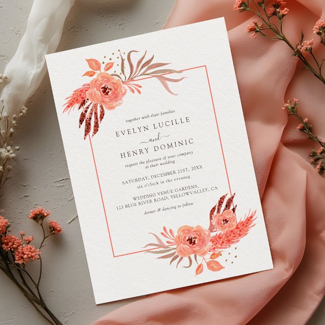 Convite Modern Coral Orange Floral Terracotta Wedding (Criador carregado)