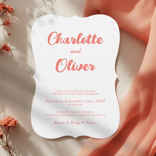 Convite Modern Coral Pink White Script Decorative Wedding (Criador carregado)