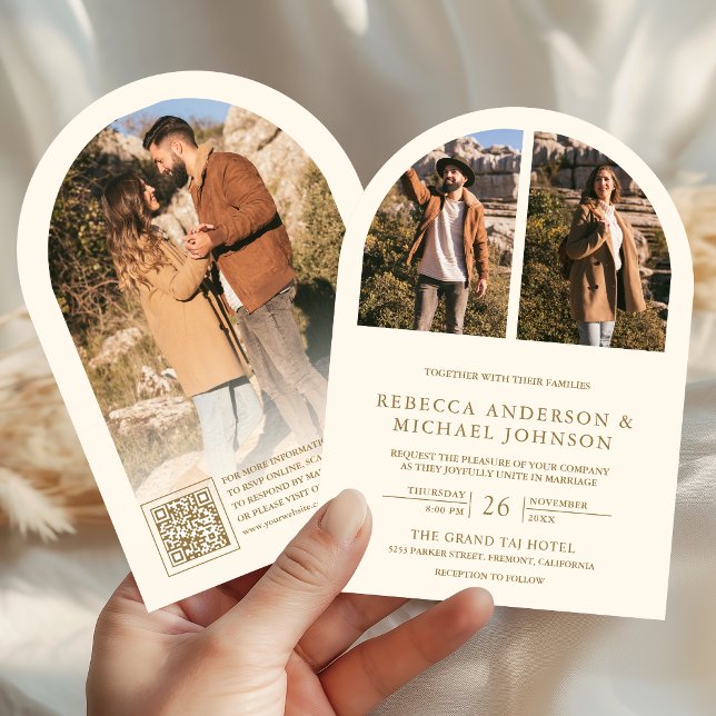 Convite Modern Cream and Gold Arch Photo QR Code Wedding (Criador carregado)