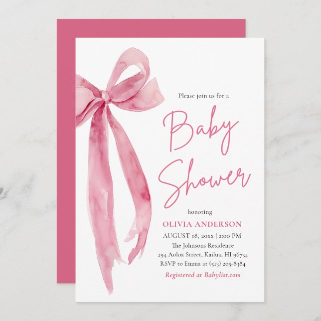 Convite Modern Cute Blush Pink Bow Baby Shower (Frente/Verso)