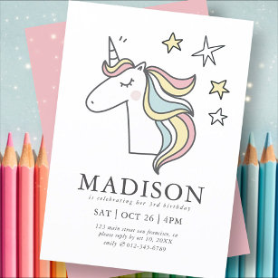 Convite Modern Cute Doodle Unicorn Stars Aniversário