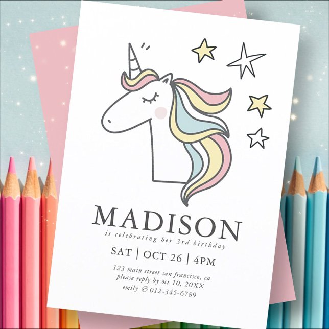 Convite Modern Cute Doodle Unicorn Stars Aniversário (Criador carregado)