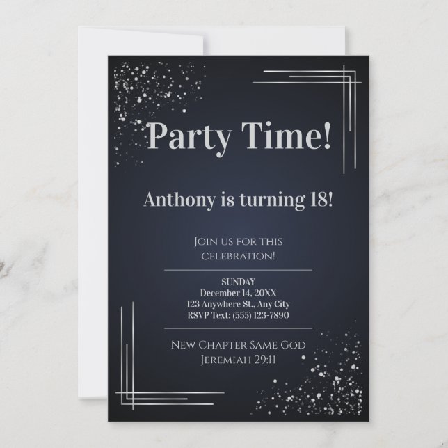 Convite Modern Dark Blue & Silver 18th Birthday Invitation (Frente)