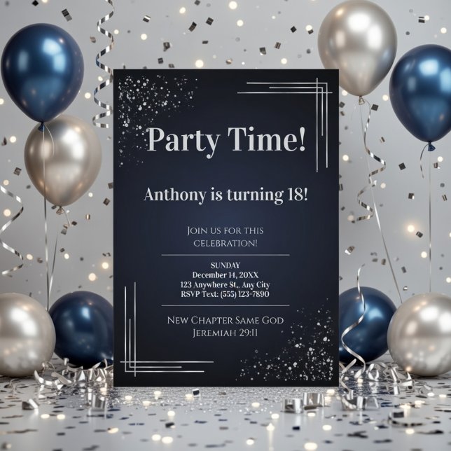Convite Modern Dark Blue & Silver 18th Birthday Invitation (Criador carregado)