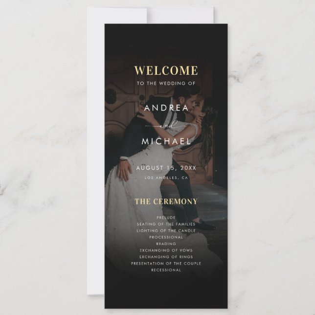 Convite Modern Dark Faded Photo Gold & Black Wedding (Frente)