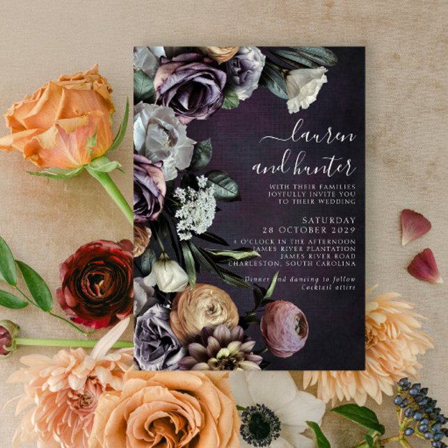 Convite Modern Dark Moody Purple Script Floral Wedding Inv (Criador carregado)