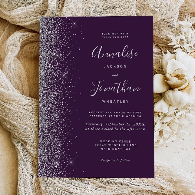 Convite Modern Dark Purple Silver Glitter Edge Wedding (Criador carregado)