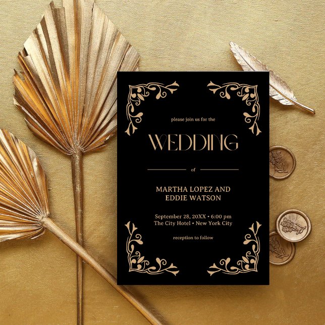Convite Modern Deco | Elegant Black and Gold Wedding (Criador carregado)