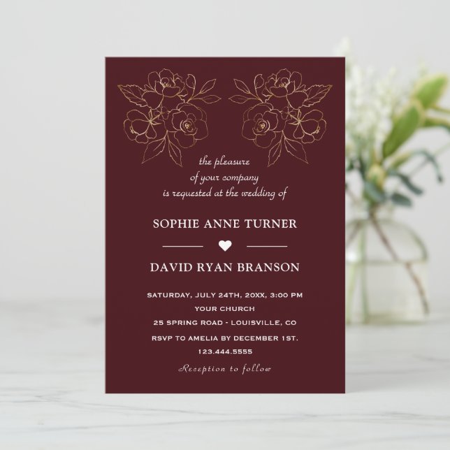 Convite Modern Deep Burgundy Gold Line Art Flowers Wedding (Em pé/Frente)