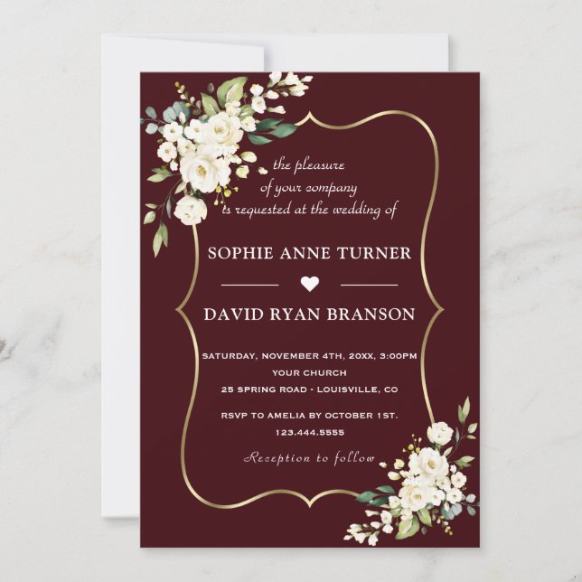 Convite Modern Deep Burgundy White Ivory Flowers Wedding (Frente)