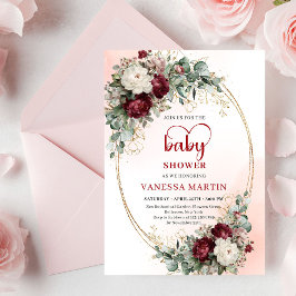 Convite Modern Deep Red Floral Gold Baby Shower Invite