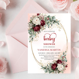 Convite Modern Deep Red Floral Gold Baby Shower Invite
