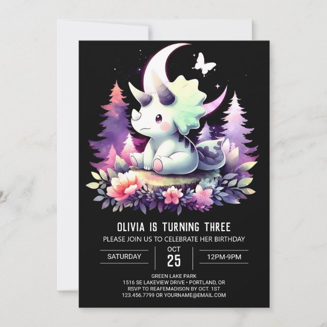 Convite Modern Dino Triceratops Aniversário (Frente)