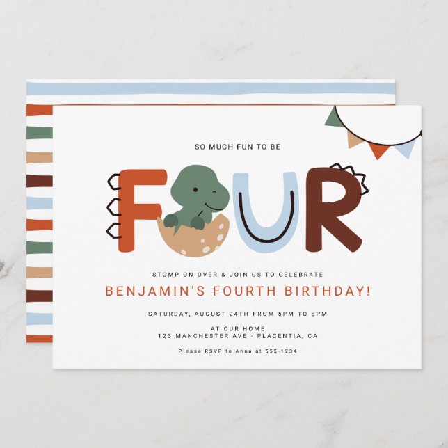 Convite Modern Dinossaur 4º Festa de Aniversário (Frente/Verso)