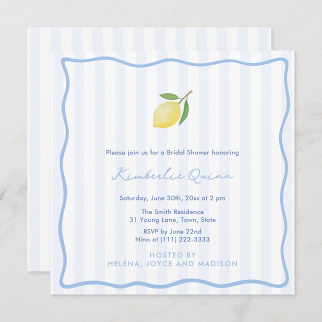 Convite Modern Doodles And Stripes Lemon Bridal Shower (Frente/Verso)