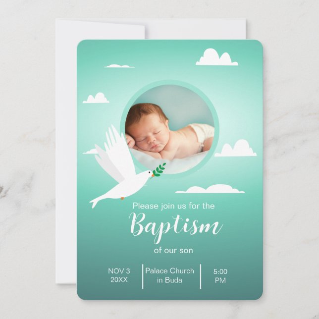 Convite Modern Dove Teal Blue Baptism Invitation for Boy (Frente)