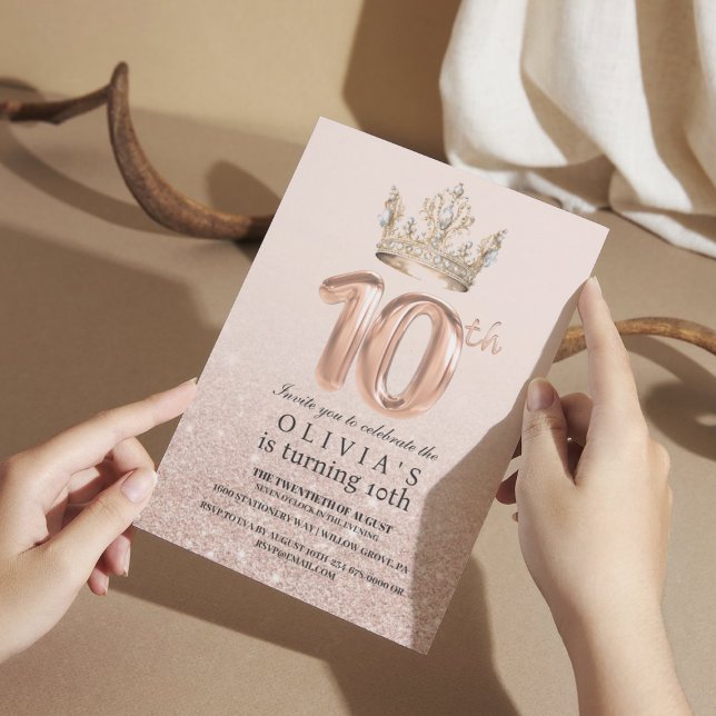 Convite Modern Drips Rosa Dourado Crown 10ª Festa de anive (Criador carregado)