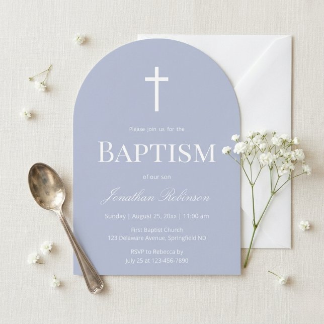 Convite Modern Dusty Blue Arch Christening Baptism (Criador carregado)