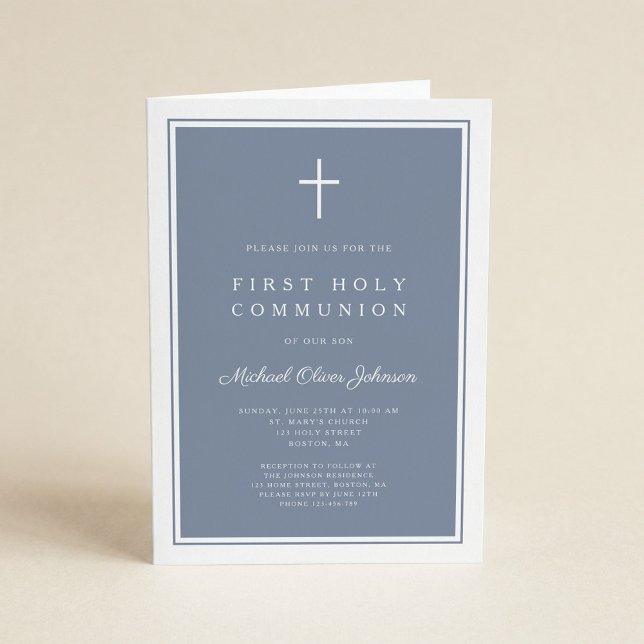 Convite Modern Dusty Blue Cross Boy First Holy Communion (Criador carregado)