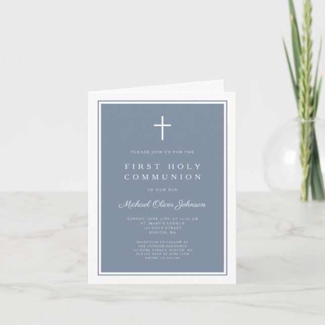 Convite Modern Dusty Blue Cross Boy First Holy Communion (Frente)
