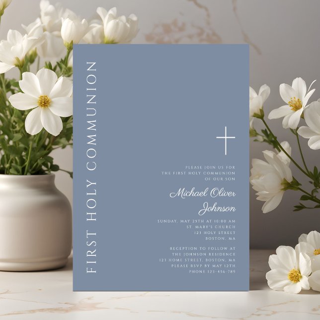 Convite Modern Dusty Blue Cross Primeira Comunhão Santa (Modern Dusty Blue Cross First Holy Communion Invitation)