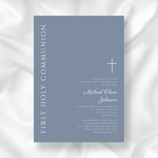 Convite Modern Dusty Blue Cross Primeira Comunhão Santa (Modern Dusty Blue Cross First Holy Communion Invitation)