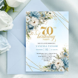 Convite Modern dusty blue eucalyptus gold 70th birthday  