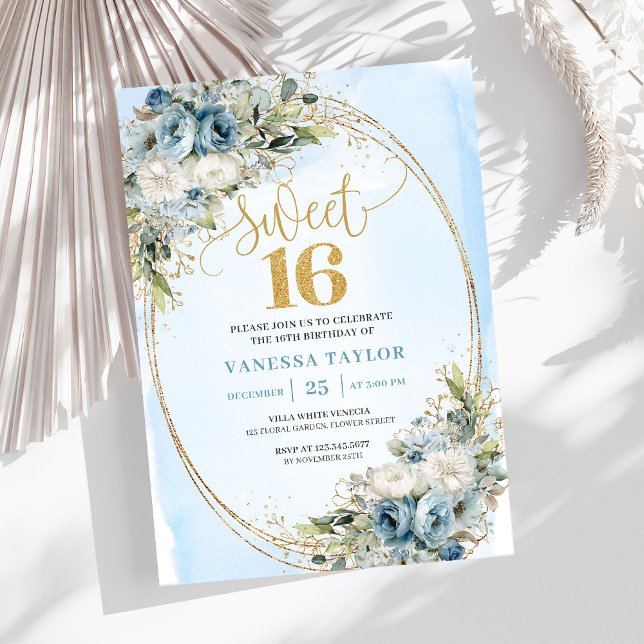 Convite Modern Dusty Blue Floral Gold Sweet Sixteen Invite (Modern Dusty Blue Floral Gold Sweet Sixteen Invitation)