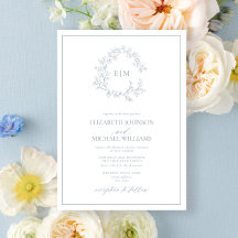 Modern Dusty Blue Leafy Crest Monograma Weding Inv